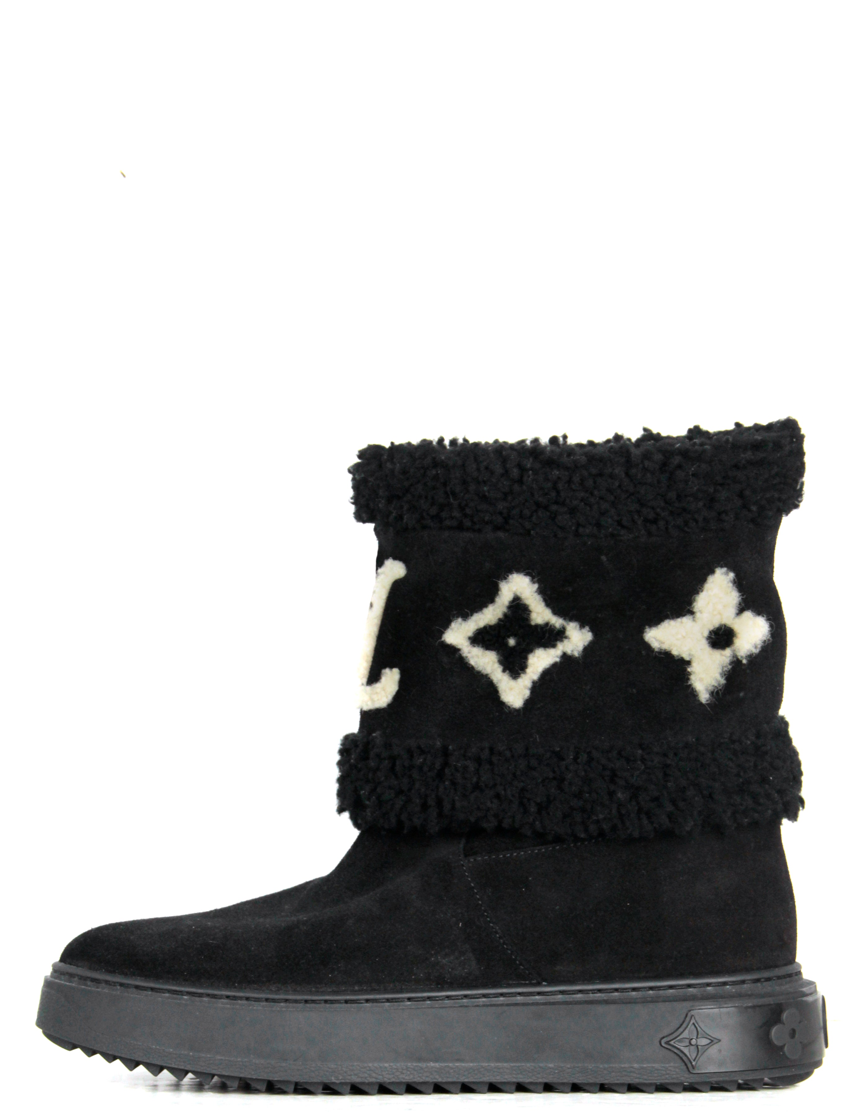 LOUIS VUITTON Suede Calfskin Shearling Snowdrop Flat Ankle Boot 40 Black  1044013