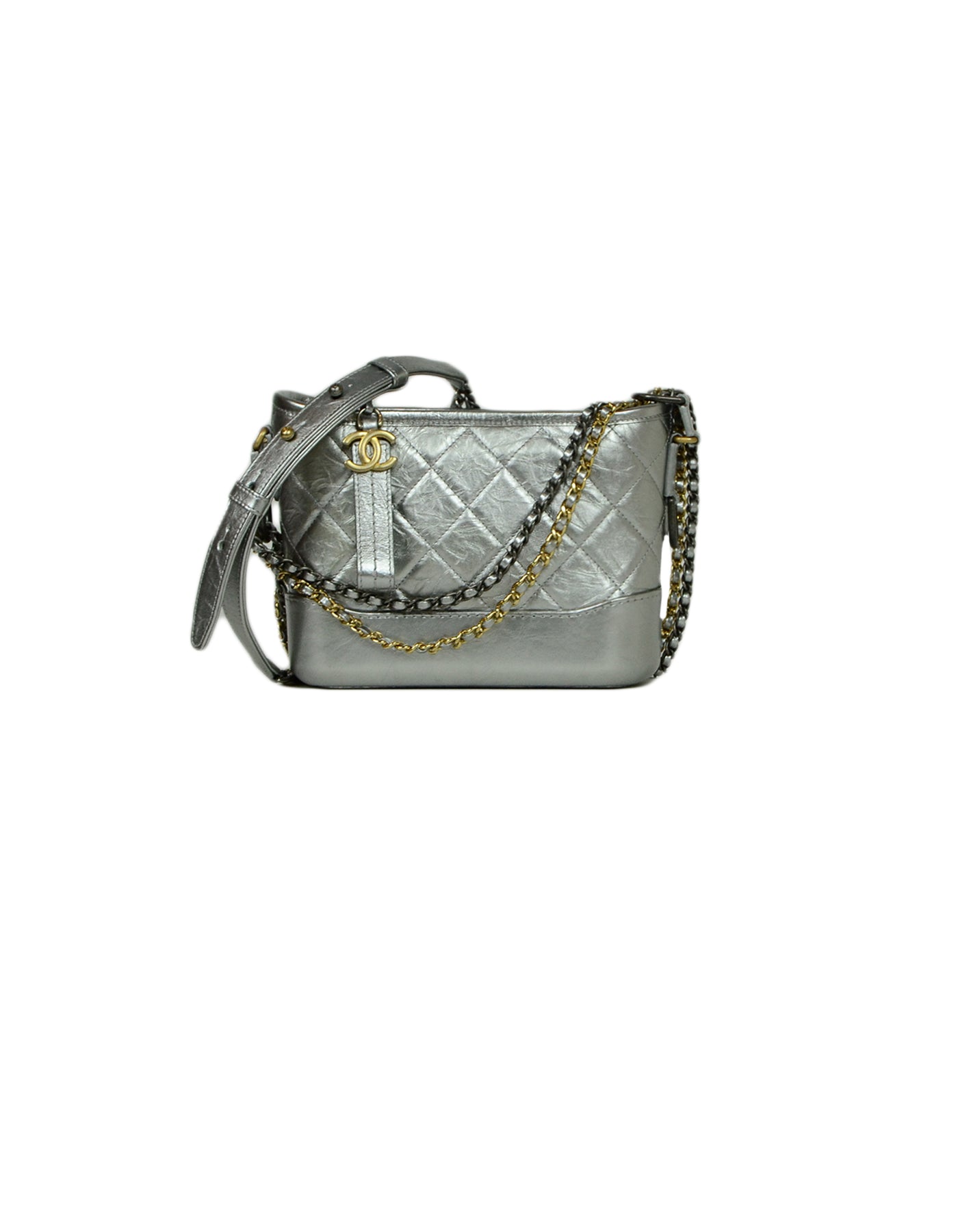 Silver Metallic Quilted Aged Calfskin Small Gabrielle Hobo Bag