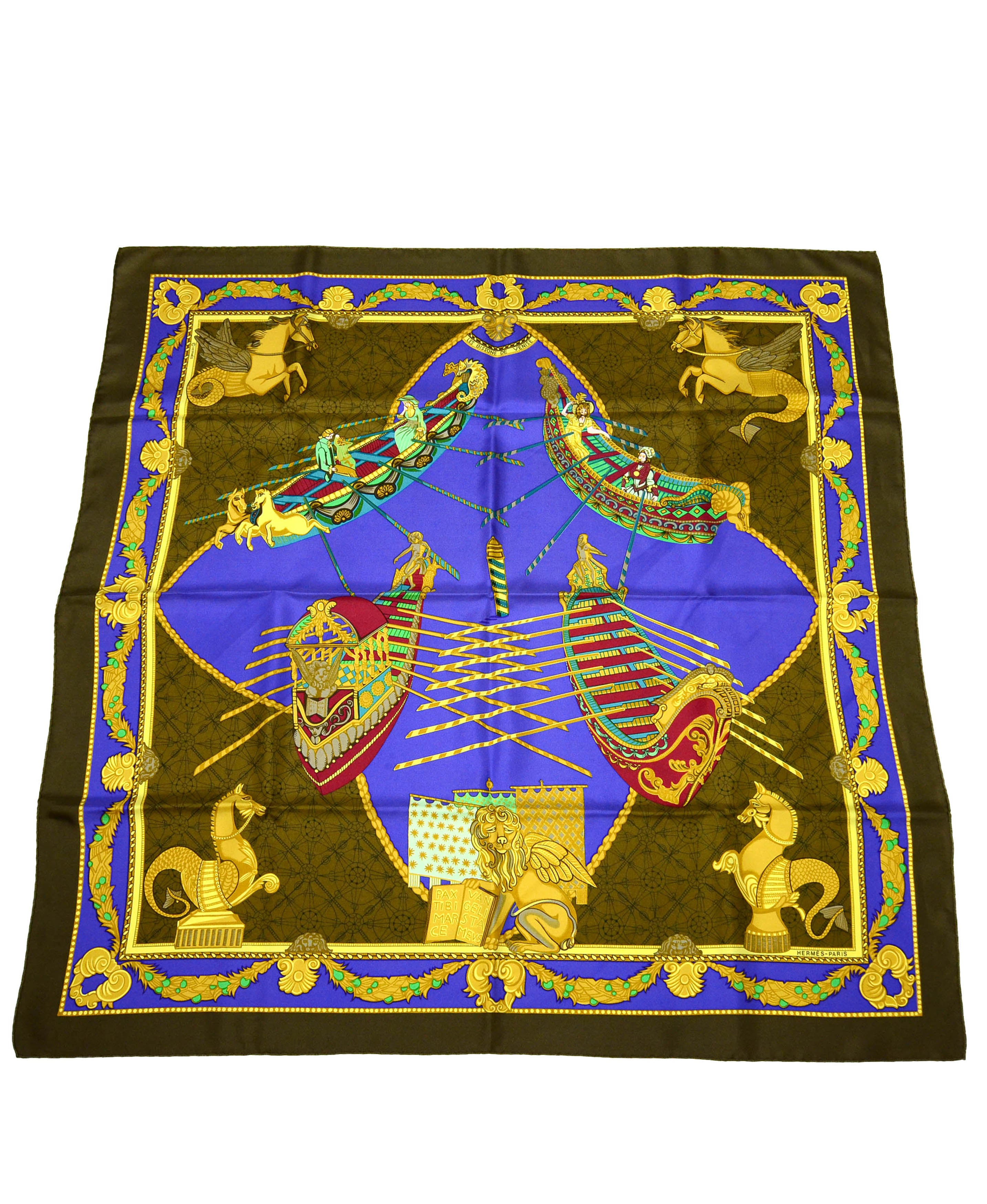 Hermes Blue/Gold Les Bissone de Venise 90cm Silk Scarf – ASC Resale