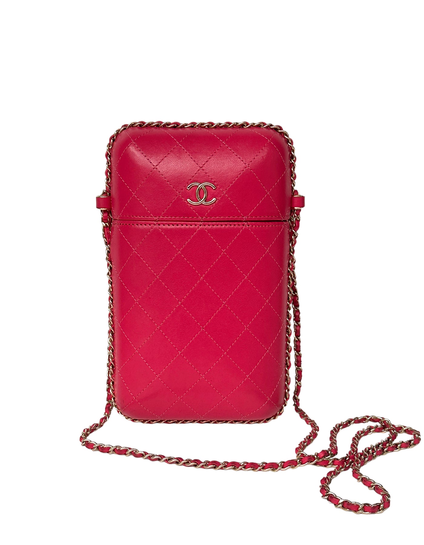Chanel Pink Lambskin Quilted Chain Around Phone Holder Crossbody