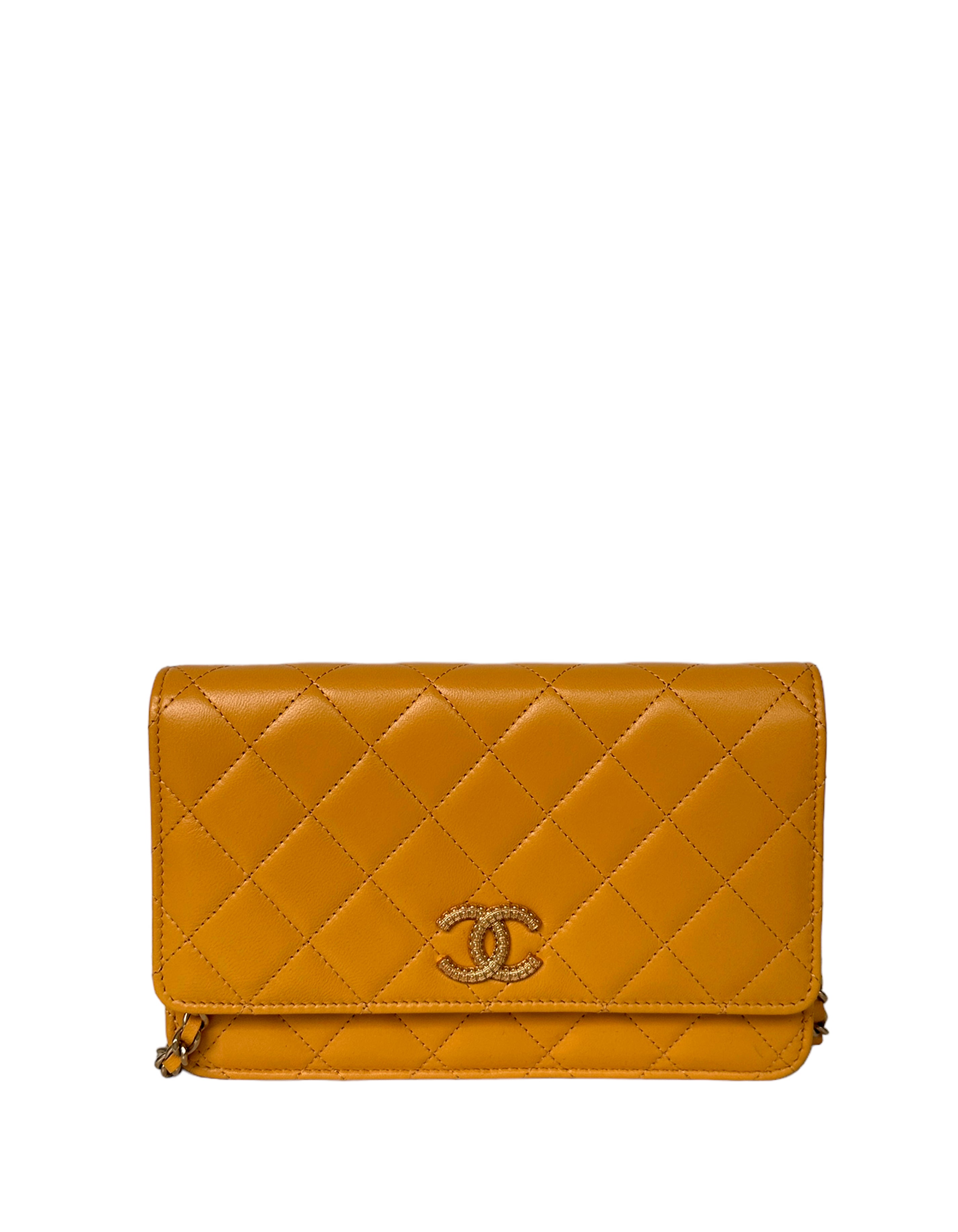 Chanel matelasse chain wallet long caviar skin yellow A33814 gold metal  fittings in 2023