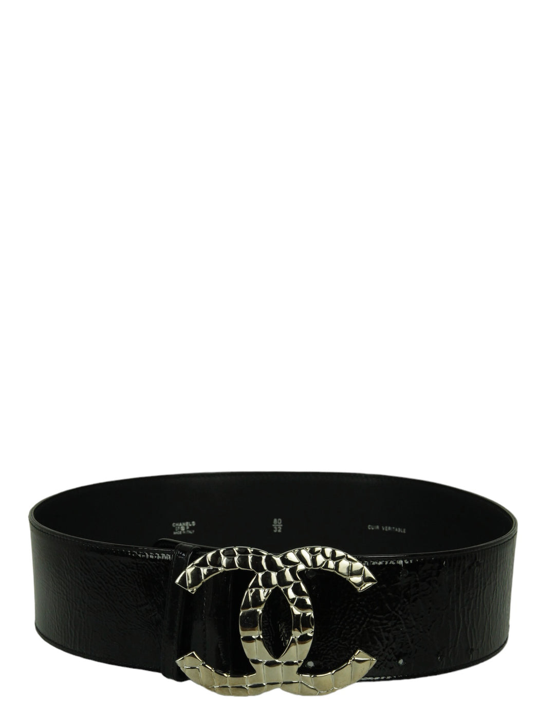 Chanel Black Patent Leather Quilted CC Logo Wide Belt sz 80/32