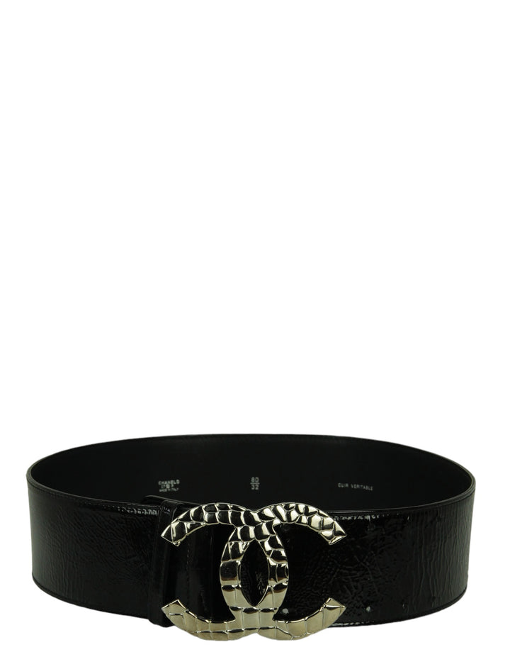 Chanel Black Patent Leather Quilted CC Logo Wide Belt sz 80/32
