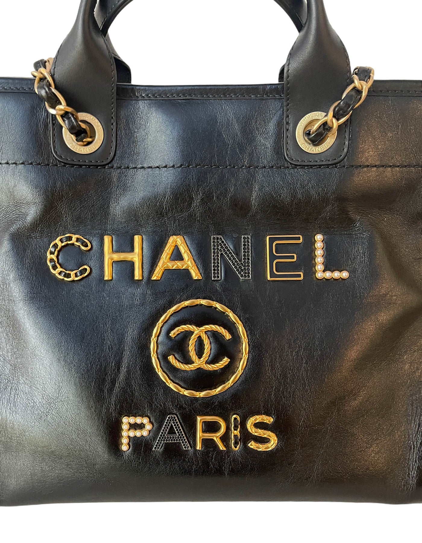Chanel Black Aged Calfskin Leather Medium Charms Deauville Tote Bag – ASC  Resale