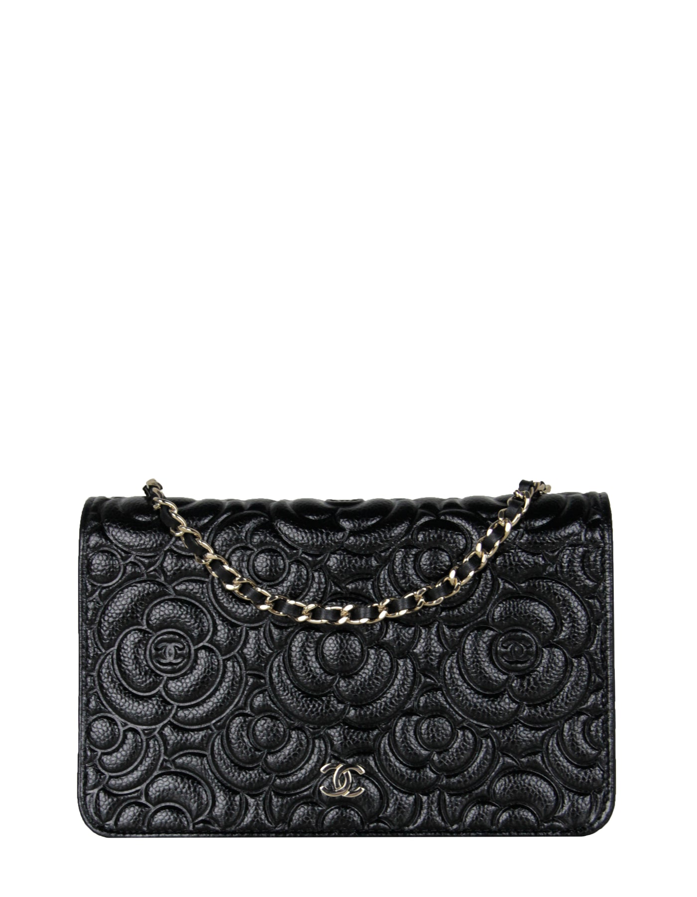 CHANEL Black Camellia Embossed Wallet On Chain WOC Shoulder Bag Leather  ref.244196 - Joli Closet