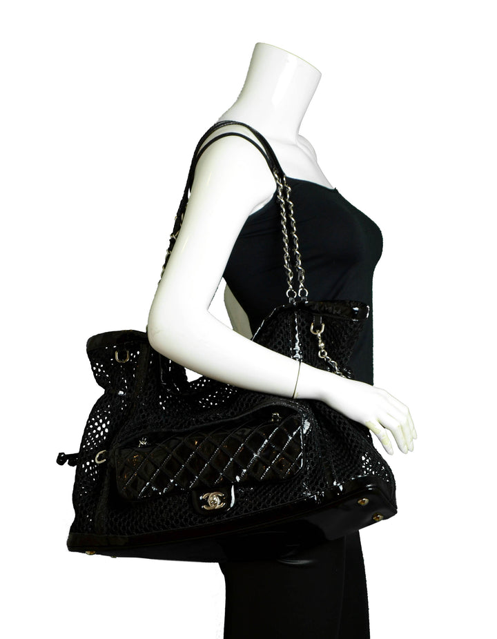 Chanel Black Mesh Patent La Madrague 2 in 1 Tote Quilted Flap Bag ASC Resale