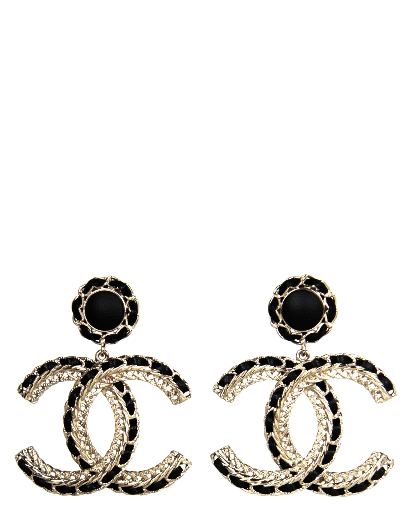 Chanel 2022 Gold/Black Leather Large Hanging CC Earrings