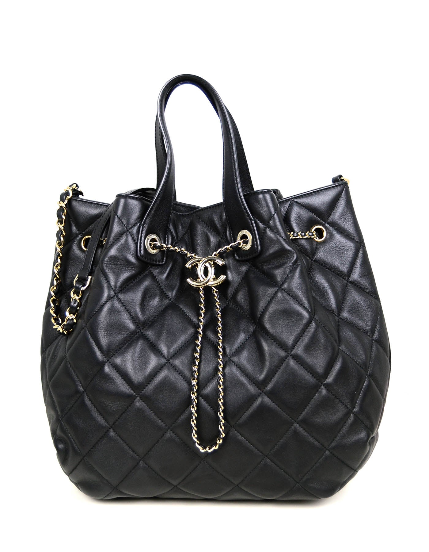 Chanel 2020 Black Lambskin Quilted CC Dweller Drawstring Bucket Tote Bag