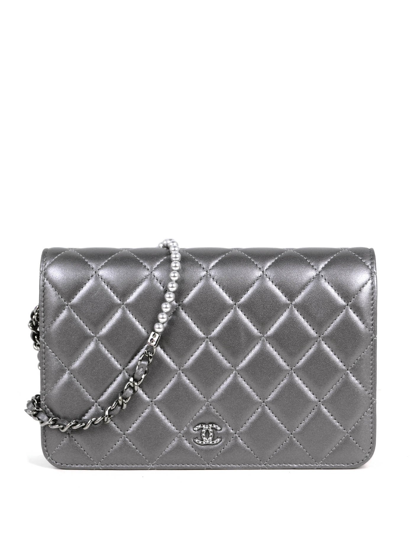 Chanel Silver Lambskin Pearl My Shoulder Wallet On Chain WOC