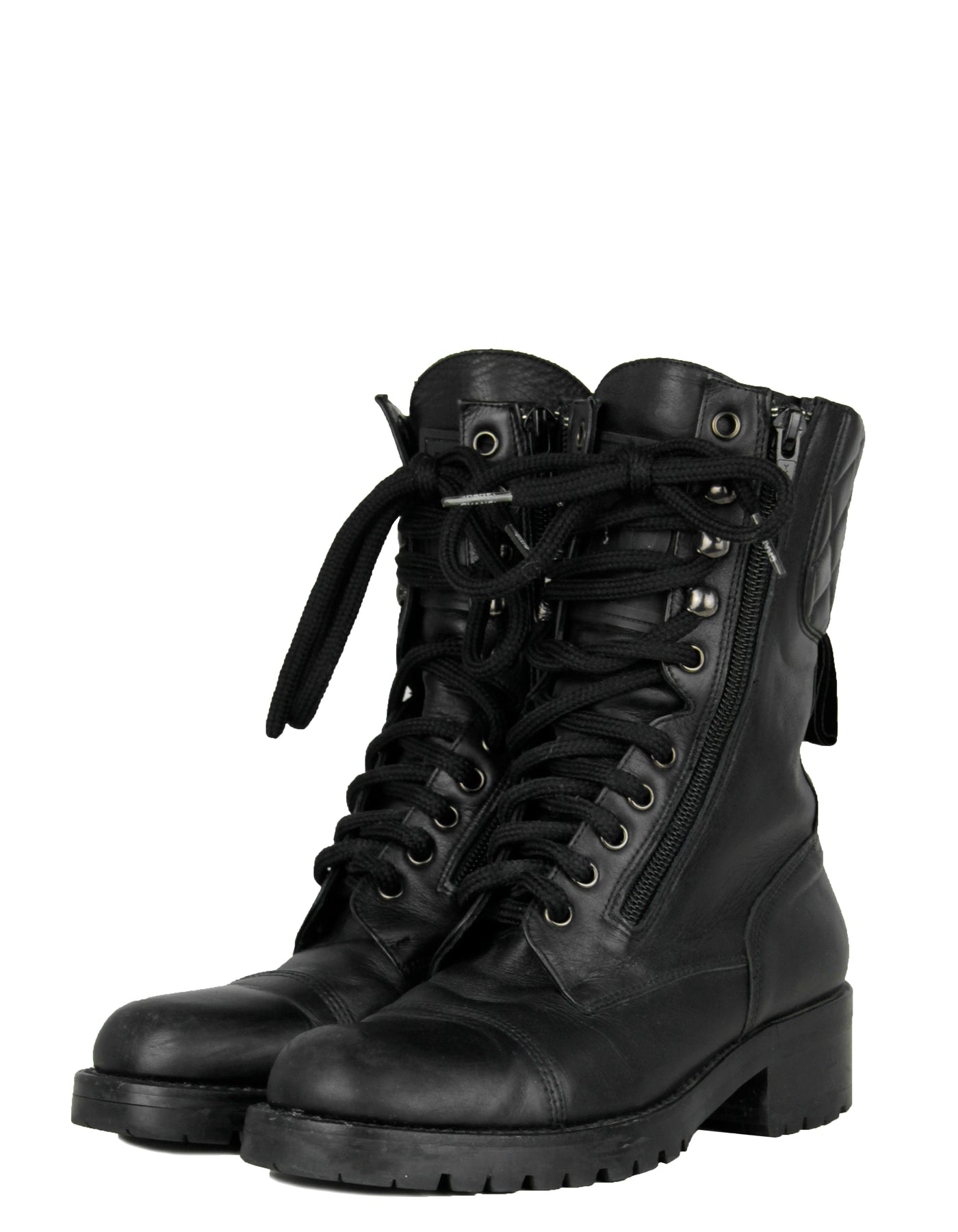 Chanel Silver/Black Aged Calfskin CC Lace Up Combat Boots Sz 36c