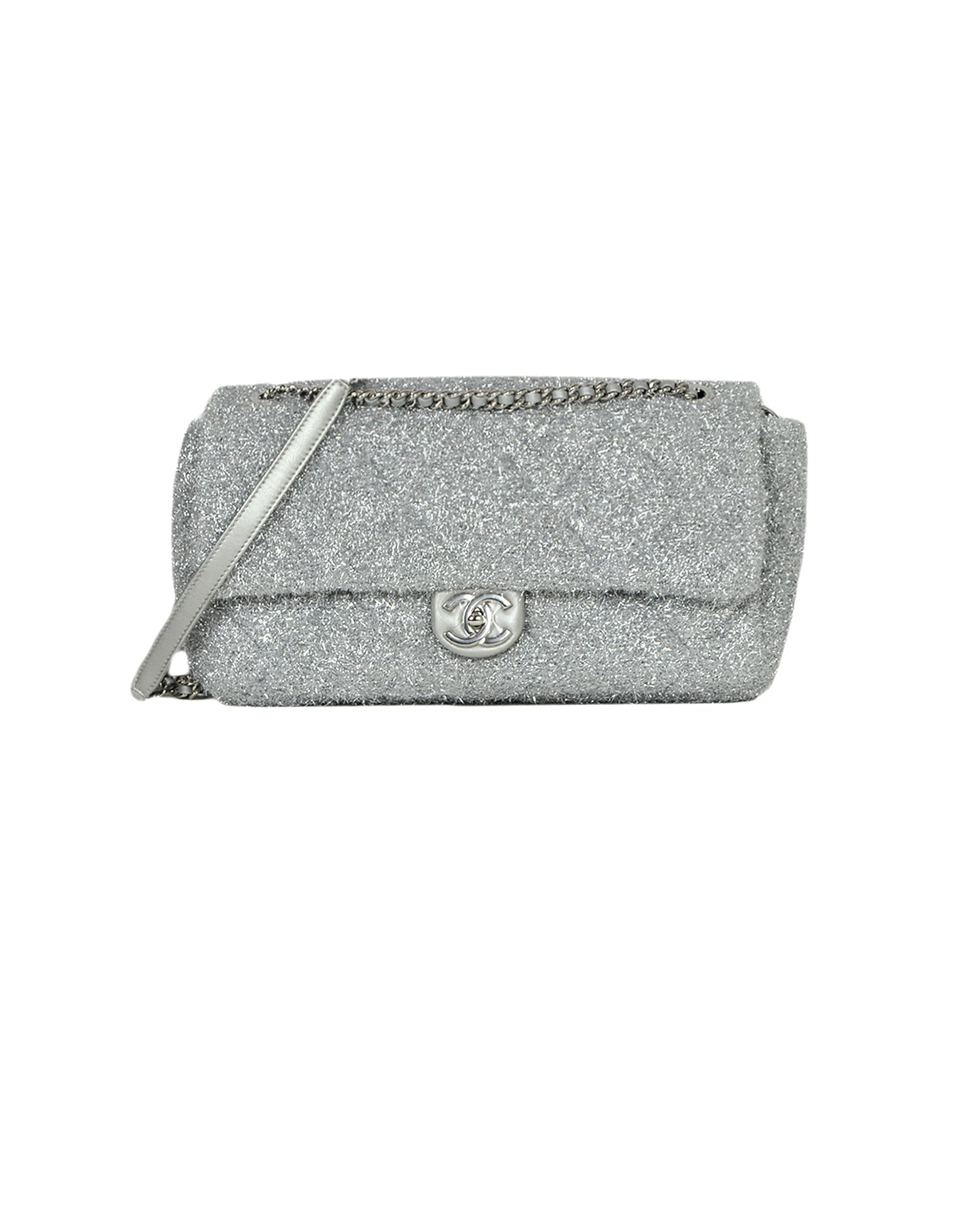 Chanel Silver Quilted Knit Pluto Glitter Large Flap Bag