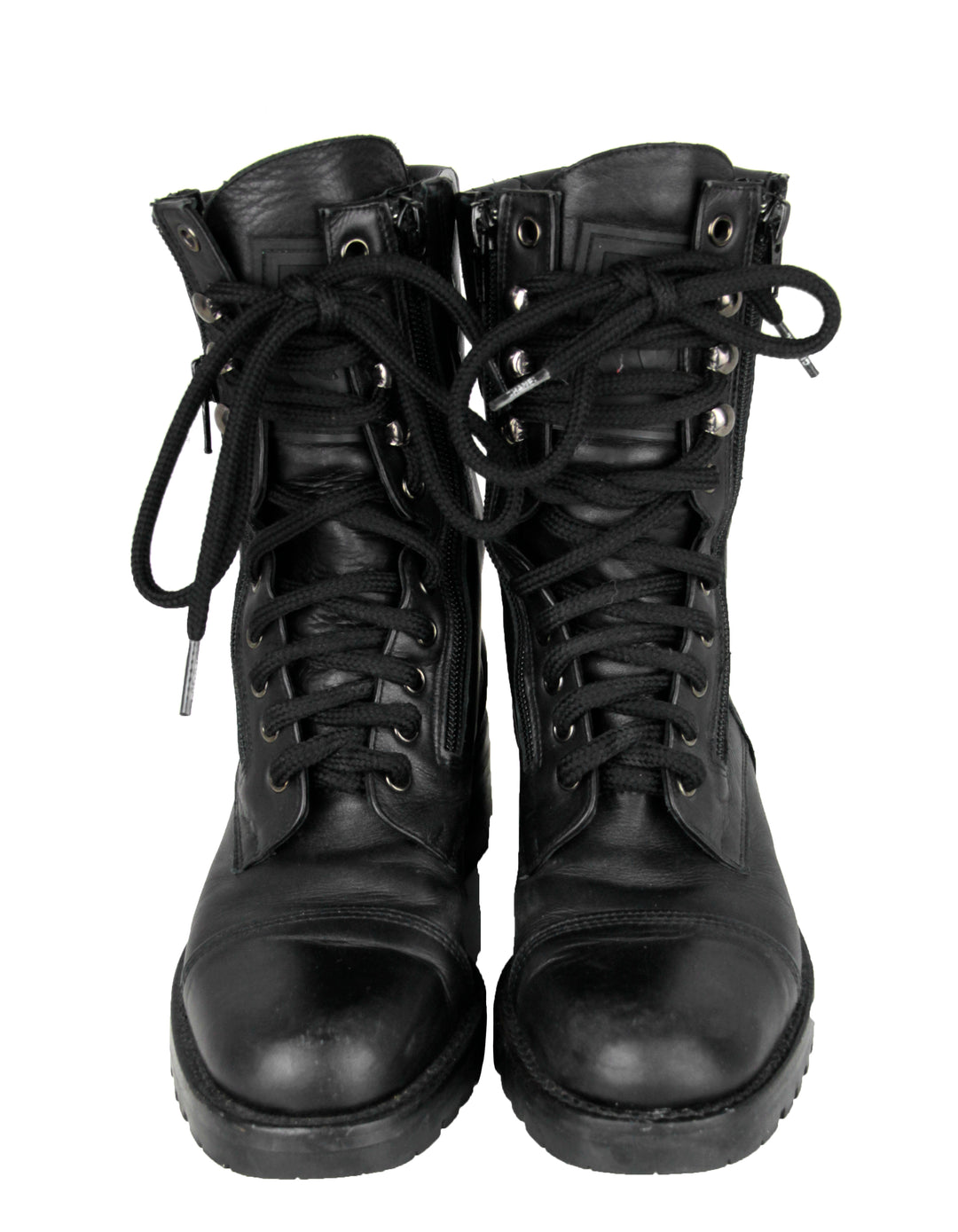 Chanel Vintage Black Leather CC Combat Boots Sz 36
