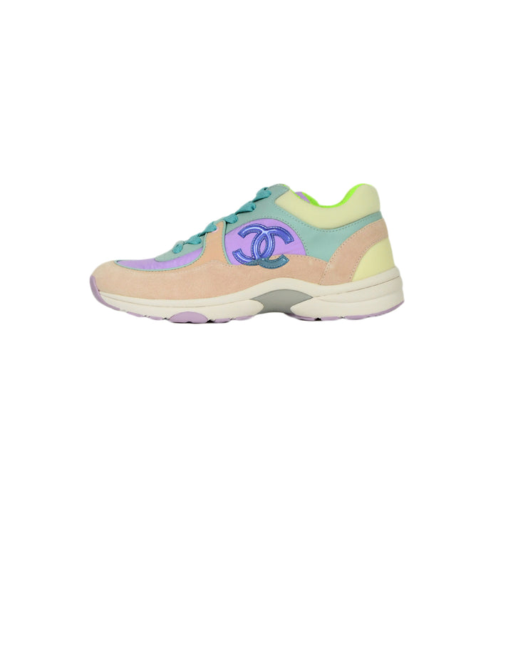 Chanel 2019 Pastel Nylon Lambskin Suede Colorblock CC Sneakers sz 38 N ASC Resale