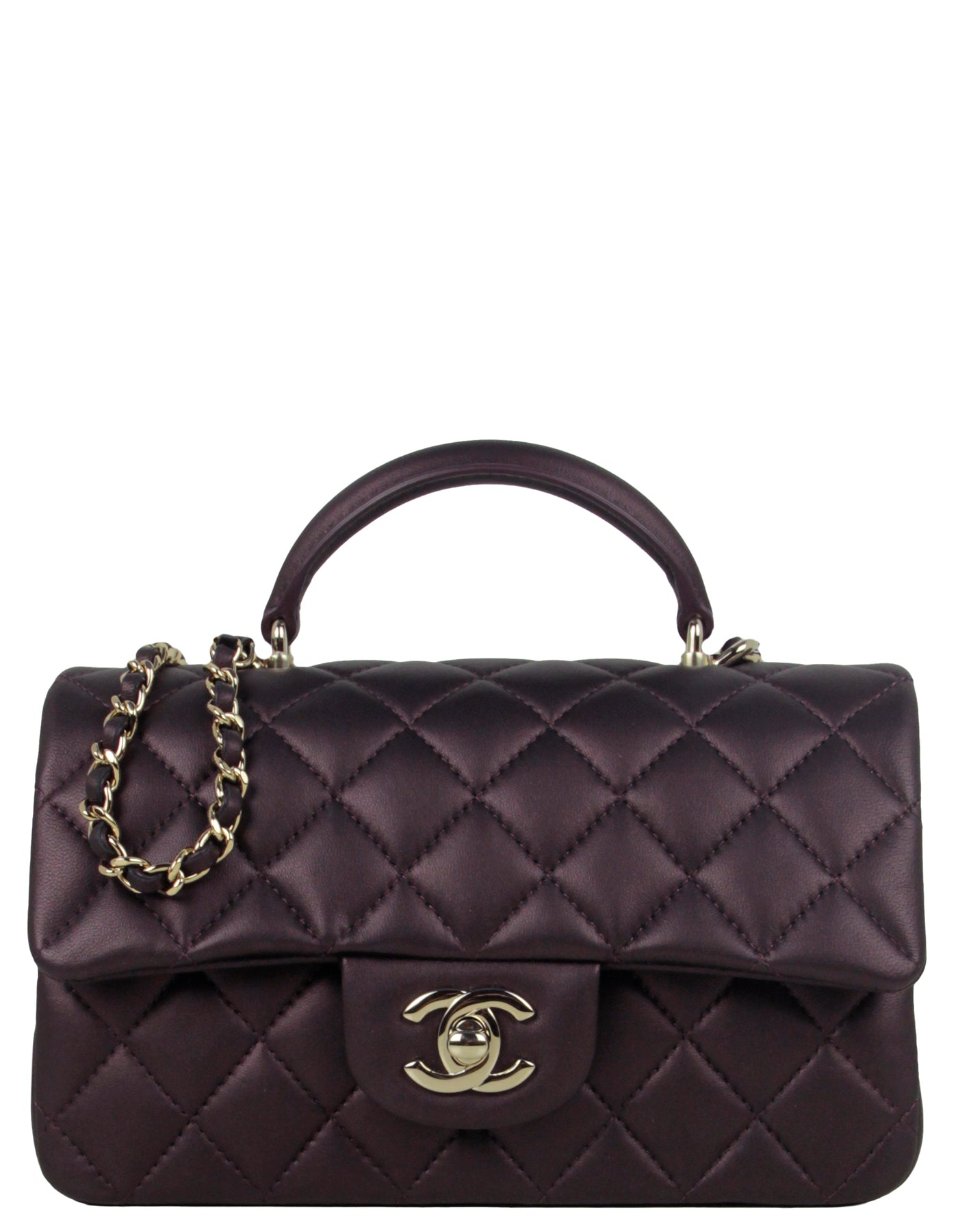 Chanel 2022 Iridescent Burgundy Lambskin Quilted Mini Top Handle