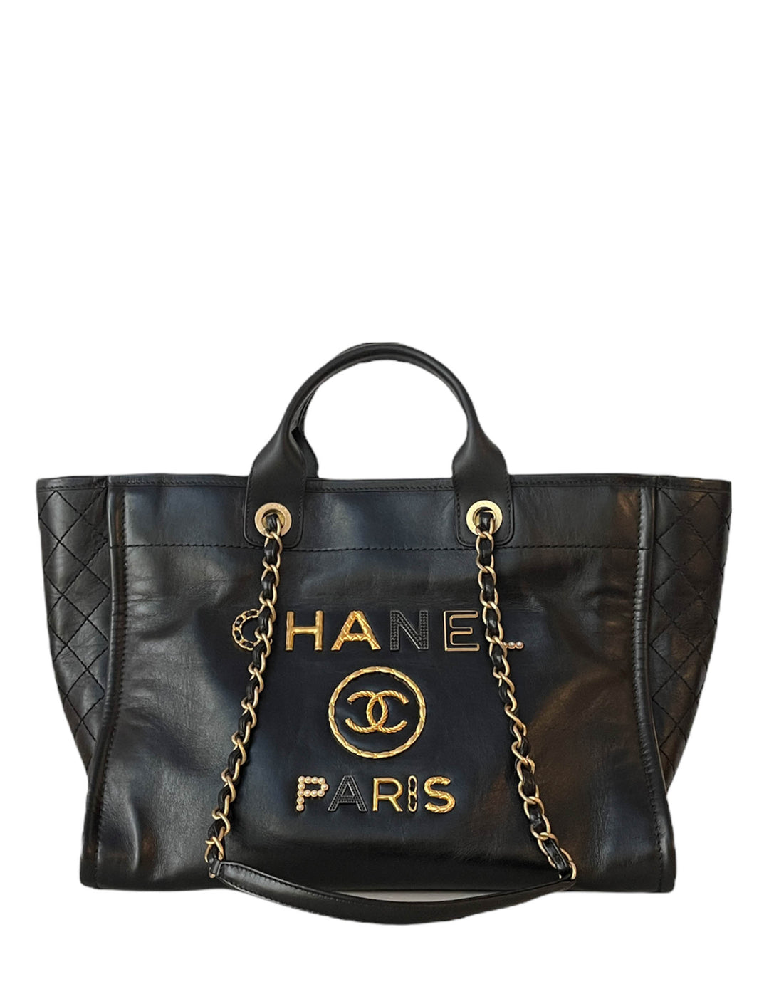 Chanel Black Aged Calfskin Leather Medium Charms Deauville Tote