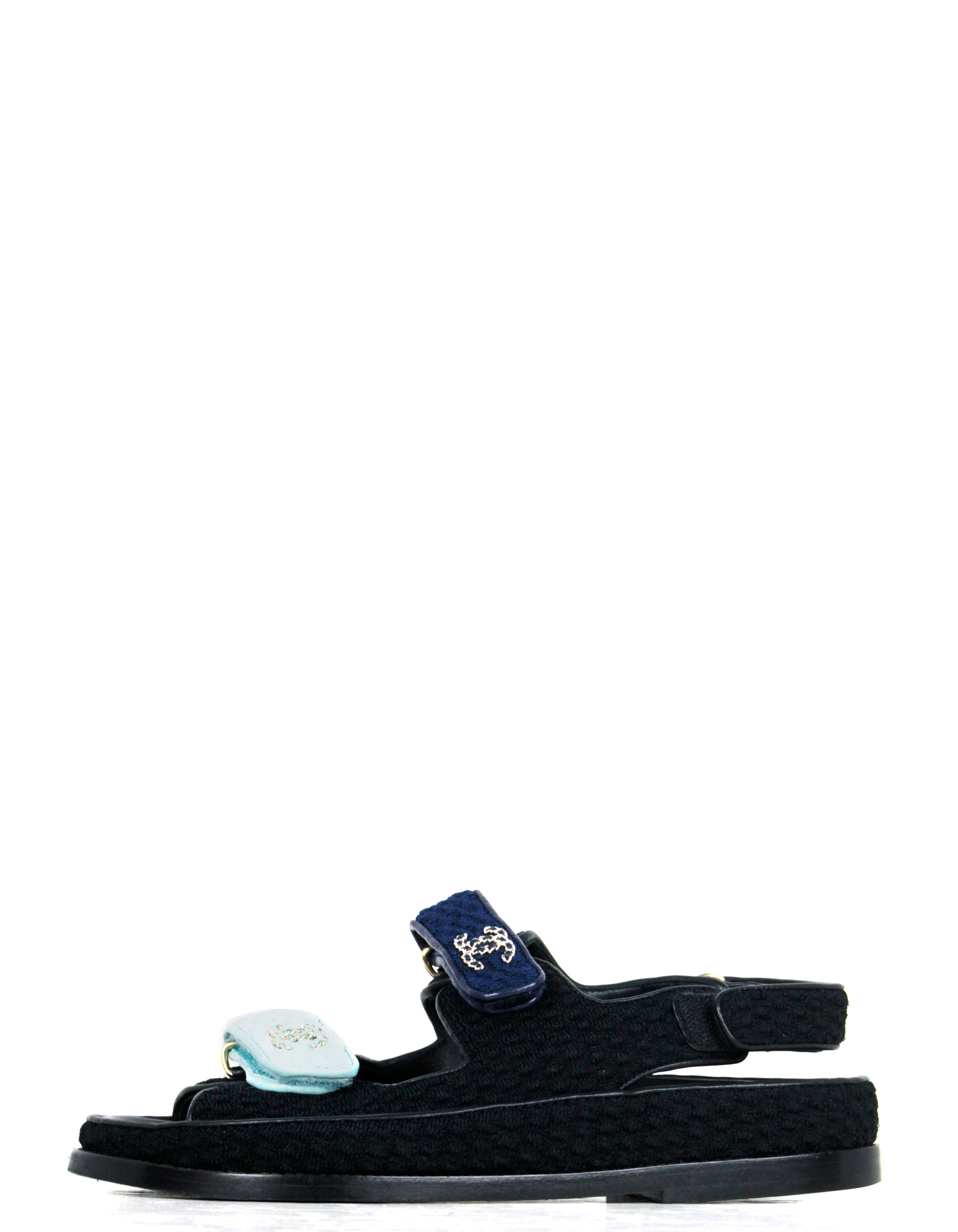 Chanel Light/Dark Blue Knit Fabric Velcro Dad Sandals sz 38 For