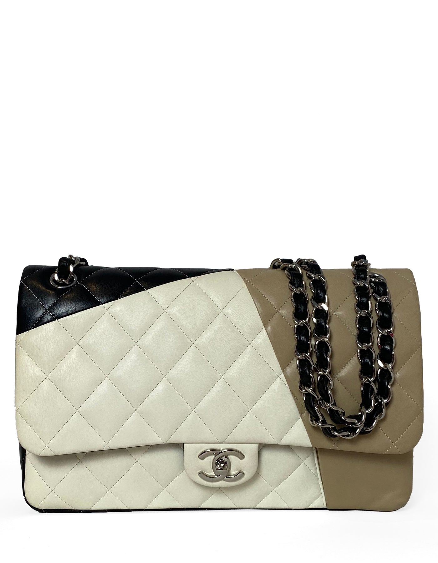 Chanel White/Beige/Black Lambskin Quilted Colorblock Double Flap Jumbo