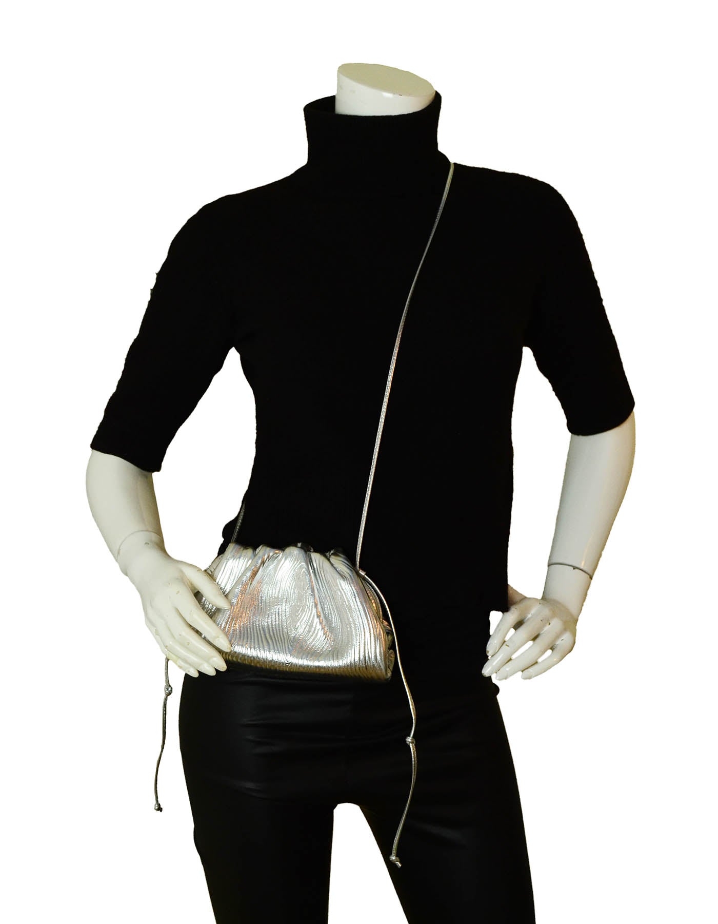 Bottega Veneta Leather Bark Metal Pouch Crossbody Bag in Silver & Gold, FWRD