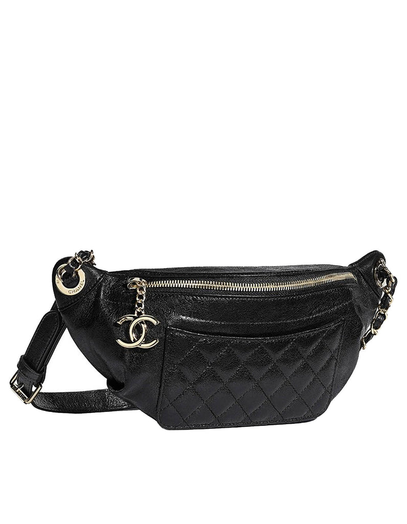 CHANEL Crumpled Calfskin Quilted Casual Rock Waist Bag Fanny Pack Black  1305703