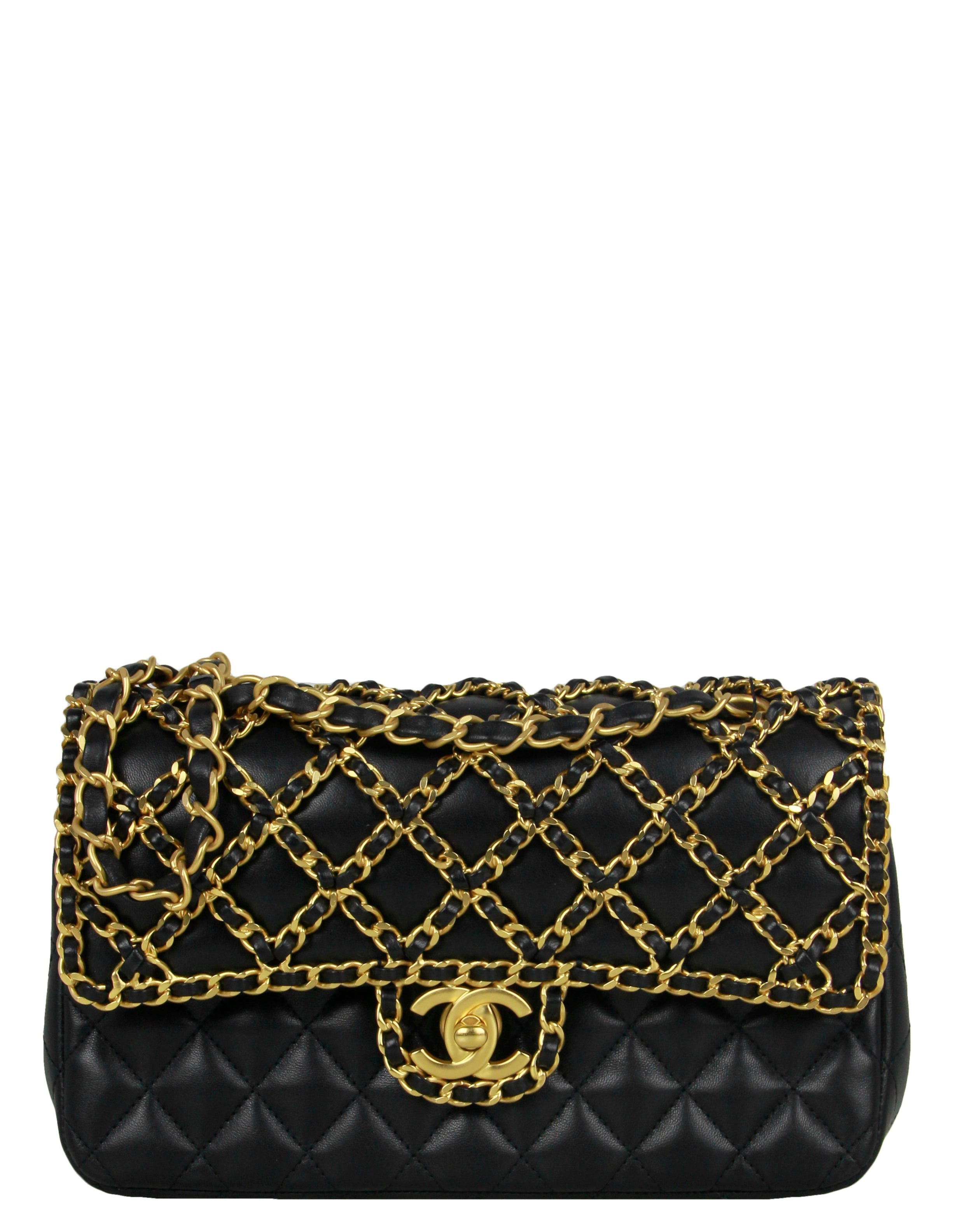 Chanel Black Lambskin Leather Classic Cage Woven Chain Flap Bag