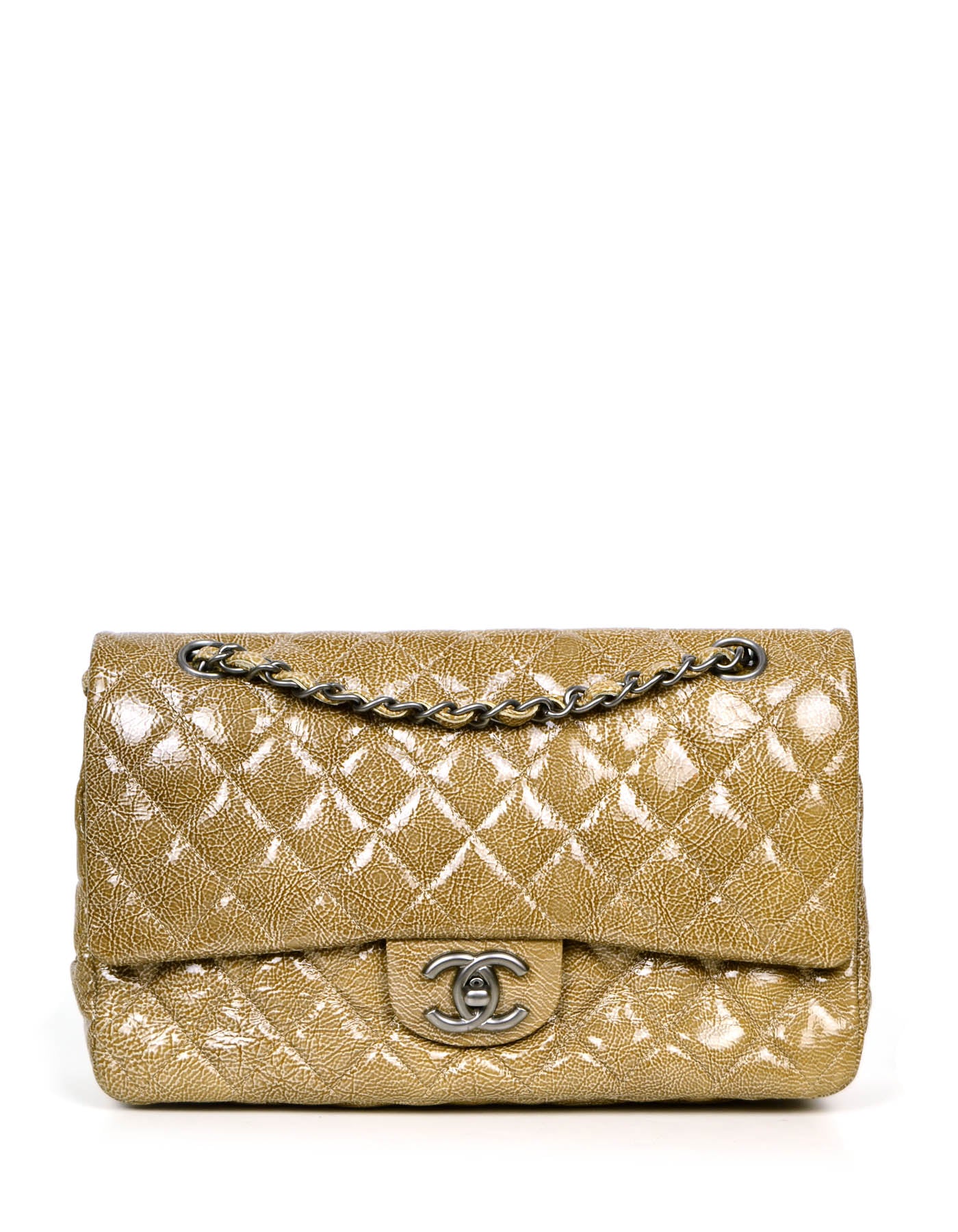 Chanel Beige Crumpled Patent Quilted Double Flap 10 Classic Bag
