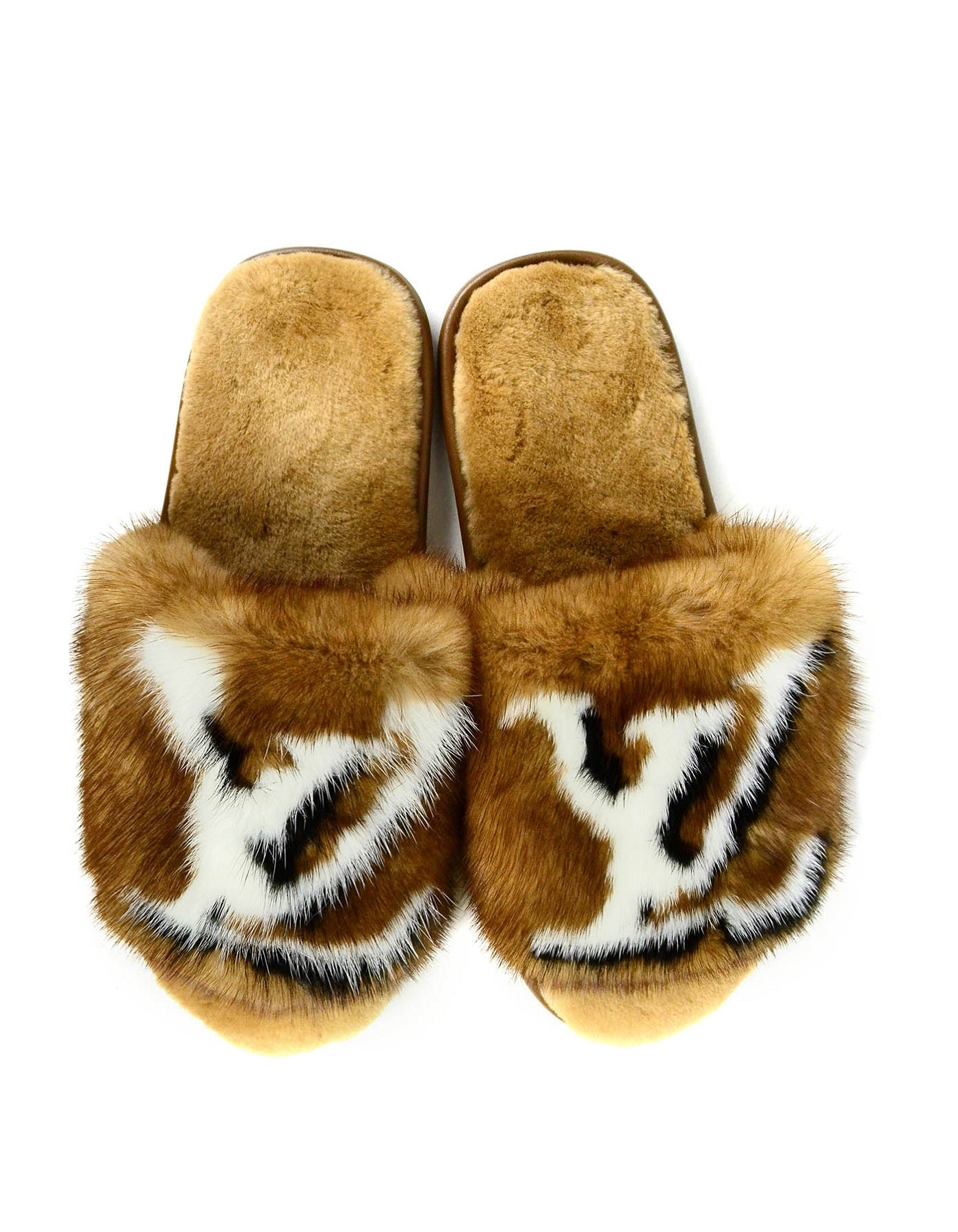 Louis Vuitton NEW Natural Beige Mink Fur Homey Logo Flat Mules Slippers sz  39-40